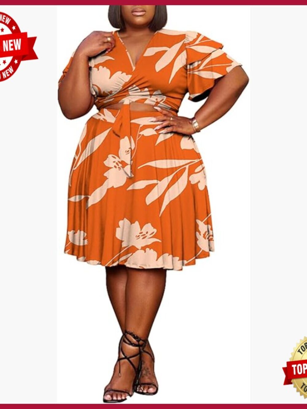Plus Size 2-Piece Set: Bandage Wrap Crop Top & Midi Skirt, Polyester